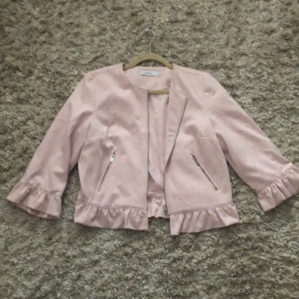 Blush pink blazer with ruffles and zipper, two pockets, Rickis, L, not worn